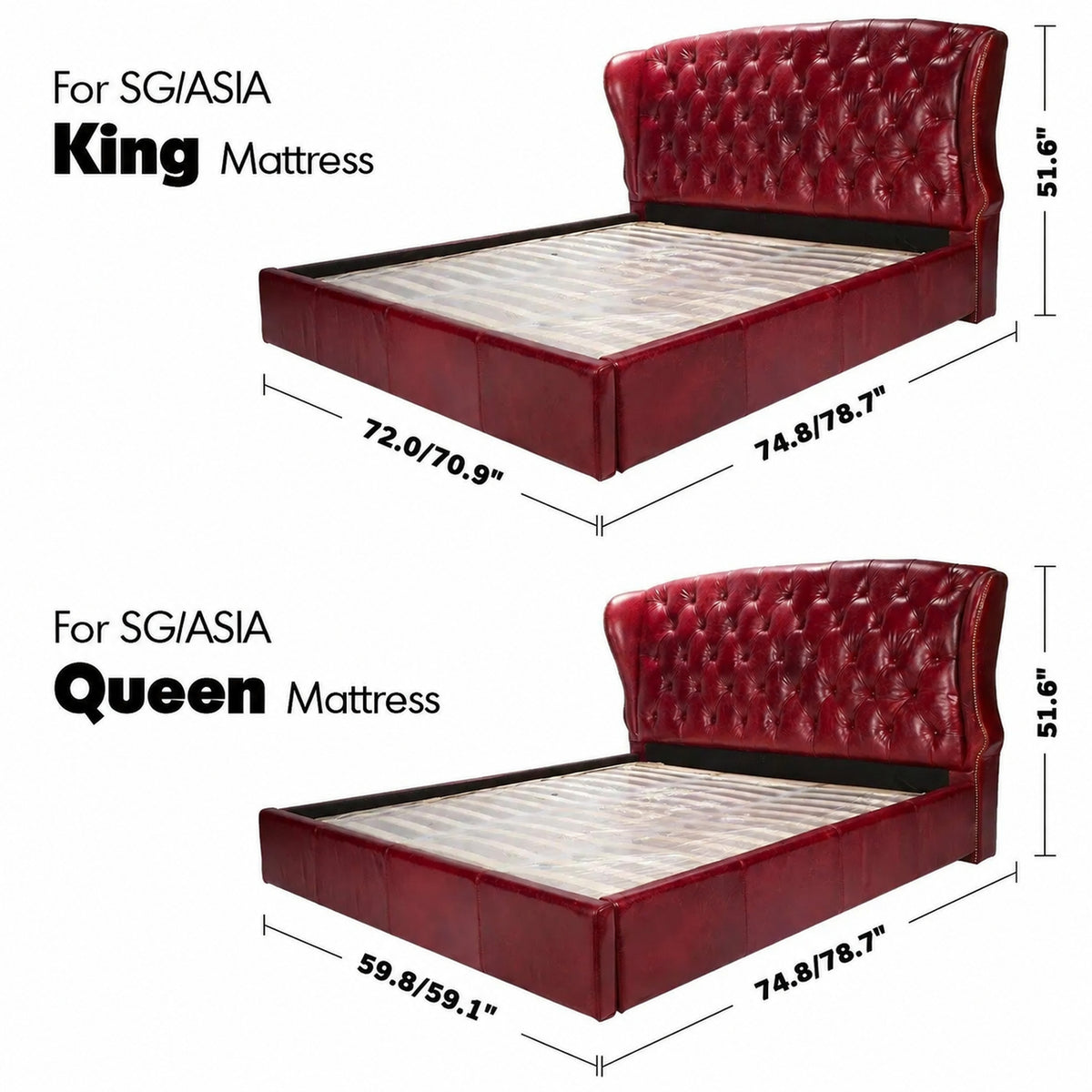 Vintage Genuine Leather Bed Frame WING Size Chart