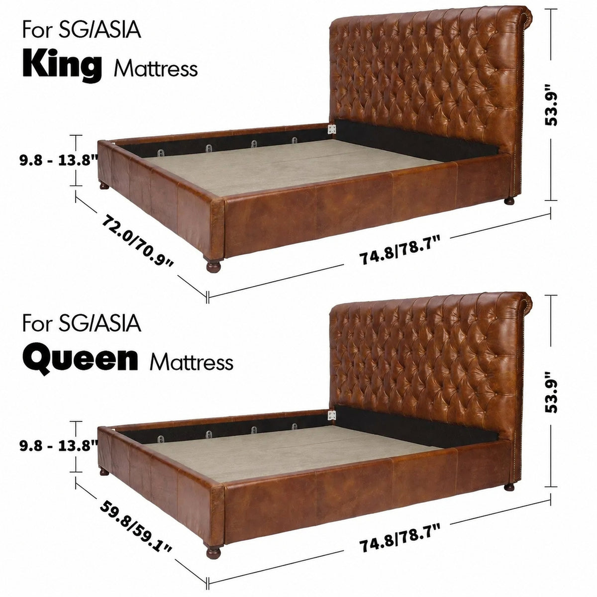 Vintage Genuine Leather Bed Frame CHESTERFIELD Size Chart