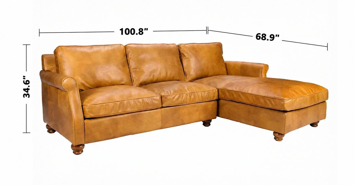 Vintage Genuine Leather L Shape Sectional Sofa BARCLAY 2+L Size Chart