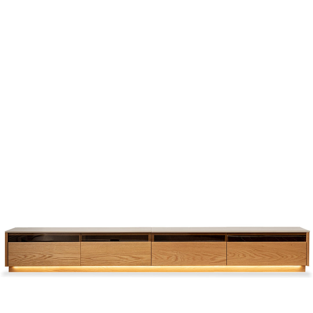 Scandinavian oak wood tv console floating light color swatches.