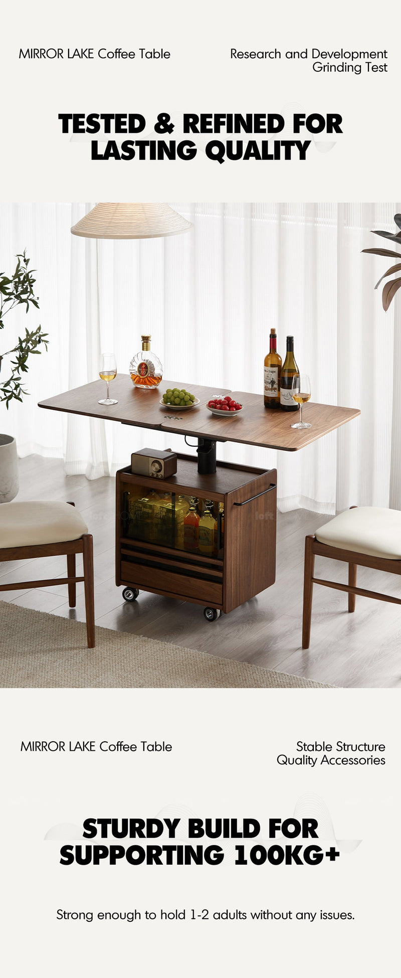 Japandi Walnut Wood Extendable Height Adjustable Coffee Table MIRROR LAKE More Details and Instruction_11