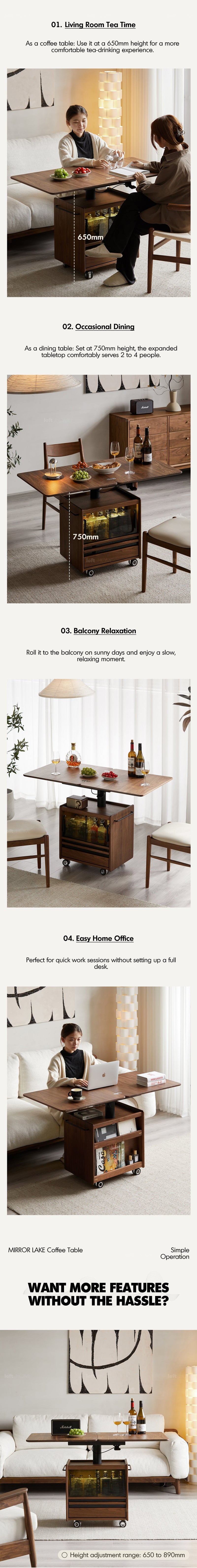 Japandi Walnut Wood Extendable Height Adjustable Coffee Table MIRROR LAKE More Details and Instruction_3