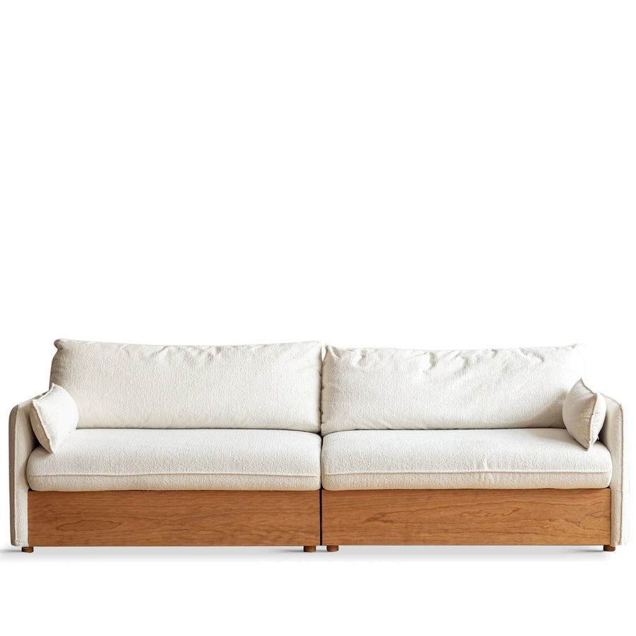 Japandi boucle fabric pine wood storage 4 seater sofa kangaroo in white background.