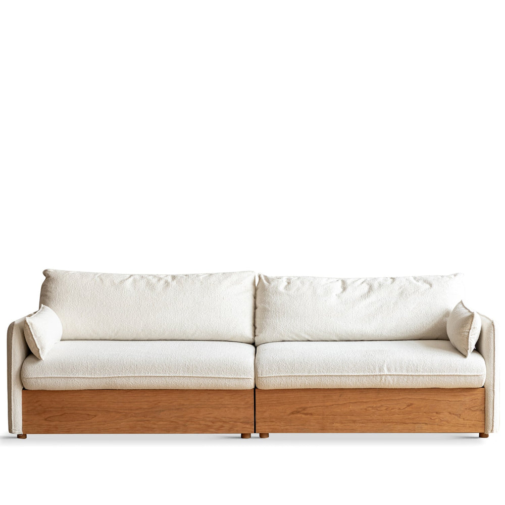 Japandi boucle fabric pine wood storage 4 seater sofa kangaroo in white background.