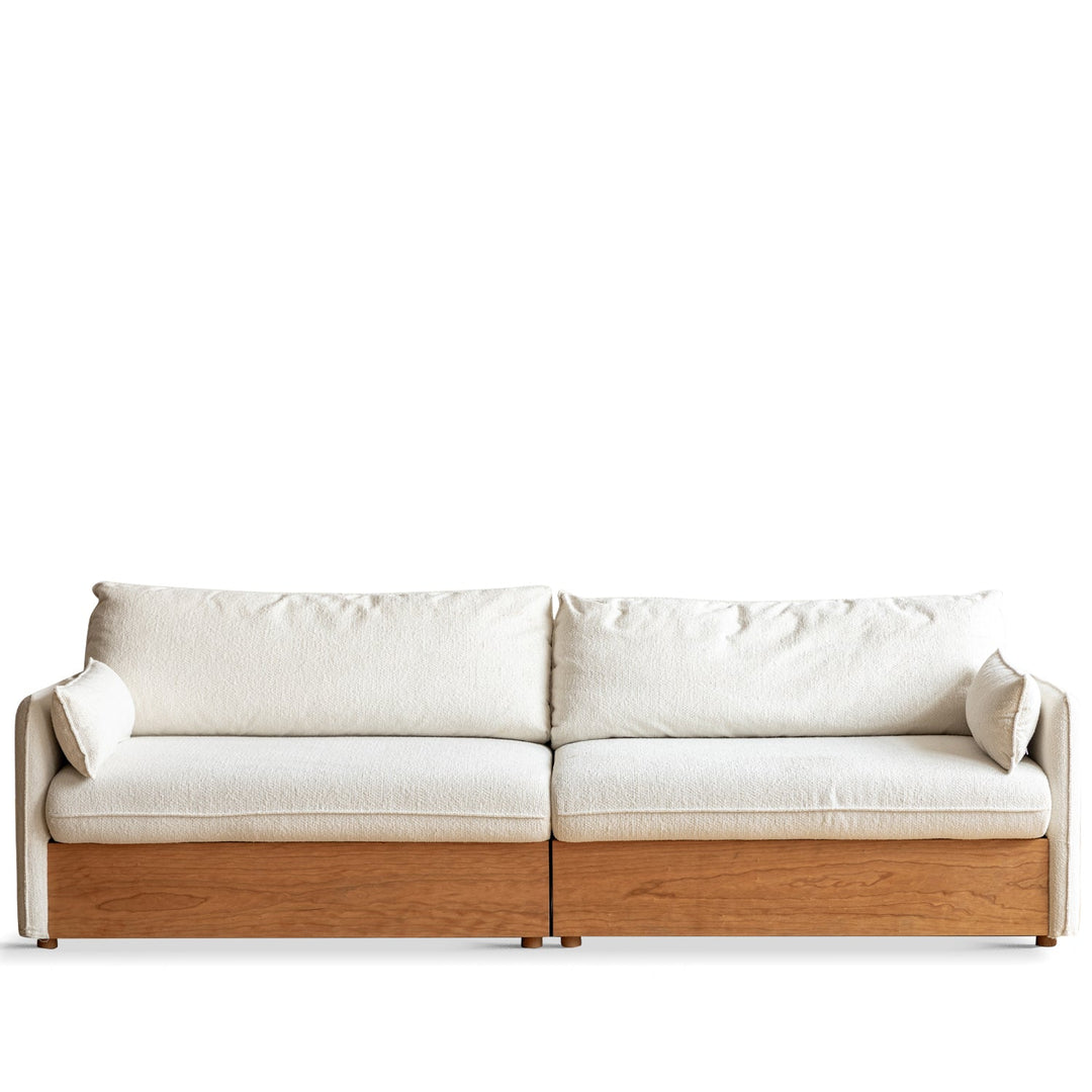 Japandi boucle fabric pine wood storage 4 seater sofa kangaroo in white background.