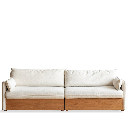 Japandi boucle fabric pine wood storage 4 seater sofa kangaroo in white background.