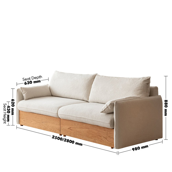Japandi boucle fabric pine wood storage 4 seater sofa kangaroo size charts.
