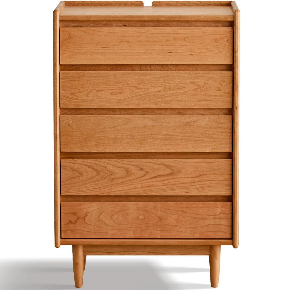 Scandinavian cherry wood chest of drawers vista in white background.