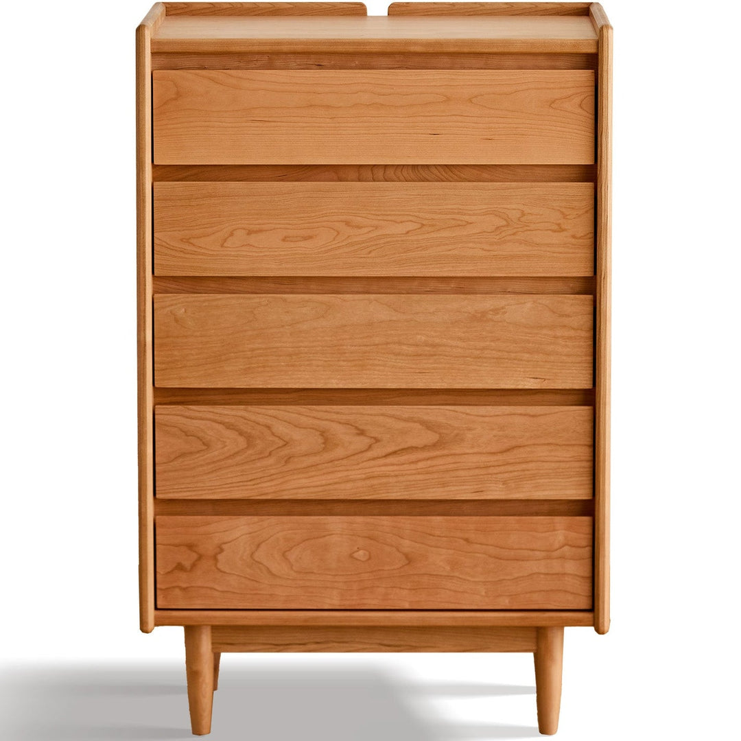 Scandinavian cherry wood chest of drawers vista in white background.