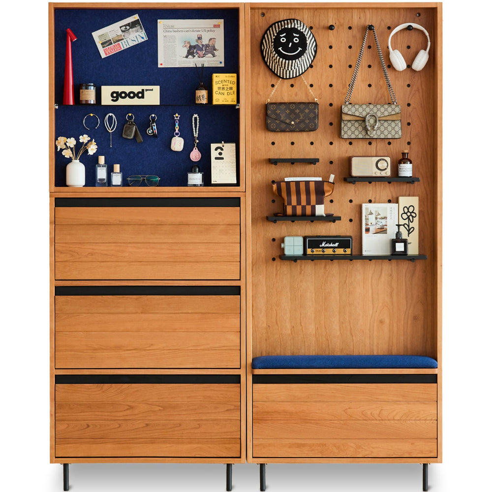 Scandinavian cherry wood shoe cabinet corner in white background.