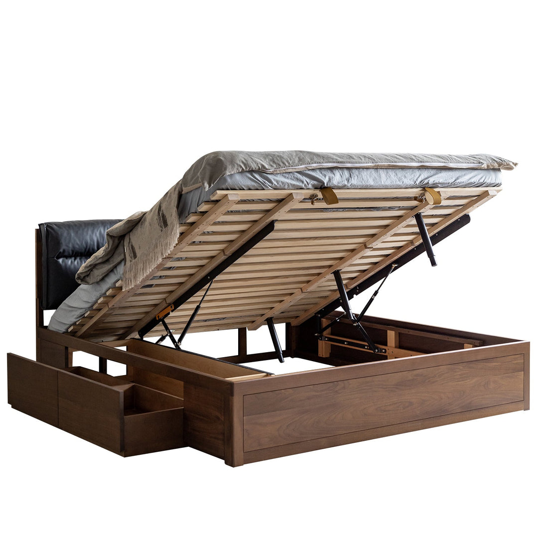 Japandi Walnut Wood Cushion Lift-Up Storage Bed With Drawer KANGAROO