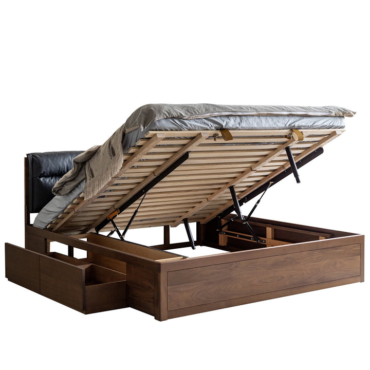 Japandi Walnut Wood Cushion Lift-Up Storage Bed With Drawer KANGAROO