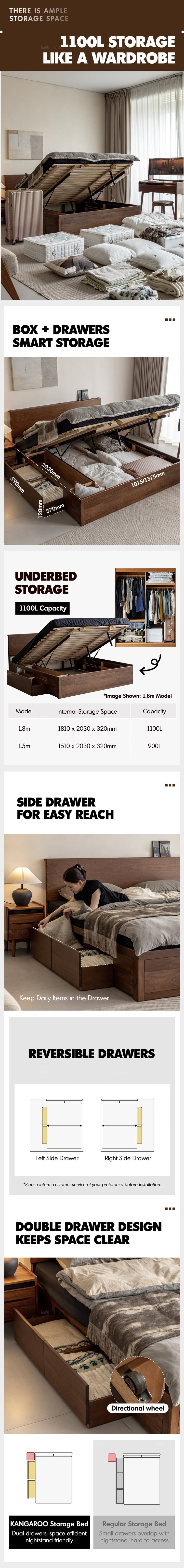 Japandi Walnut Wood Lift-Up Storage Bed With Drawer KANGAROO Good to Know Preview-2