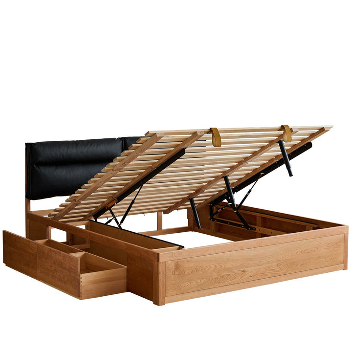 Scandinavian Cherry Wood Cushion Lift-Up Storage Bed With Drawer KANGAROO