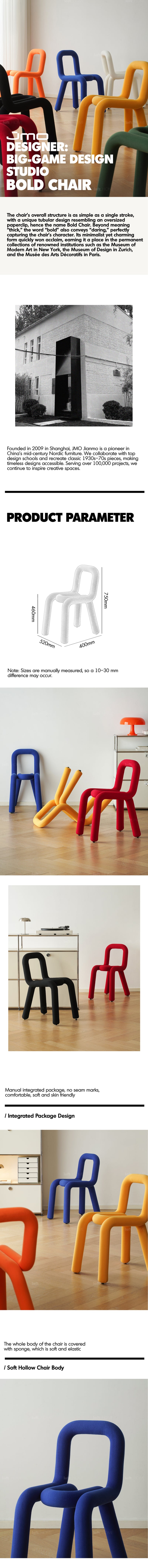 Furniture feature infographic presenting a sculptural dining chair in blue, red, orange, black, and yellow colour options.