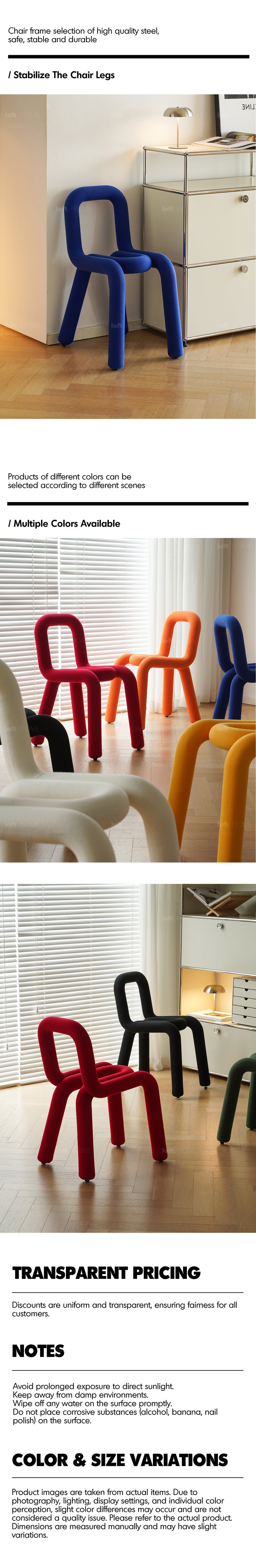 Material analysis infographic showing a white sculptural dining chair with labelled cover and base materials.