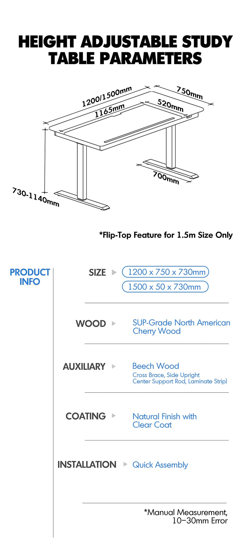 Scandinavian Cherry Wood Electric Height Adjustable Study Table KAZAMA More Details and Instruction_6