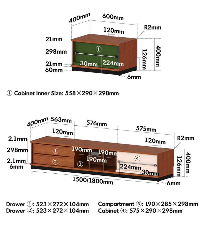 Bauhaus Boxwood Modular TV Console SILVER WING Size Chart