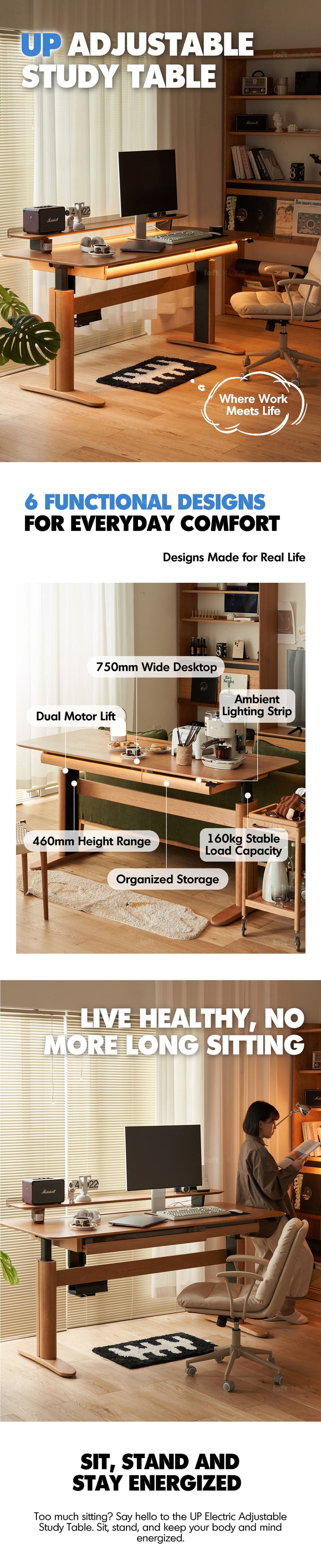 Scandinavian Cherry Wood Electric Height Adjustable Study Table UP More Details and Instruction