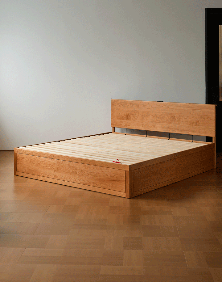 Scandinavian cherry wood lift-up storage bed with drawer kangaroo material variants.