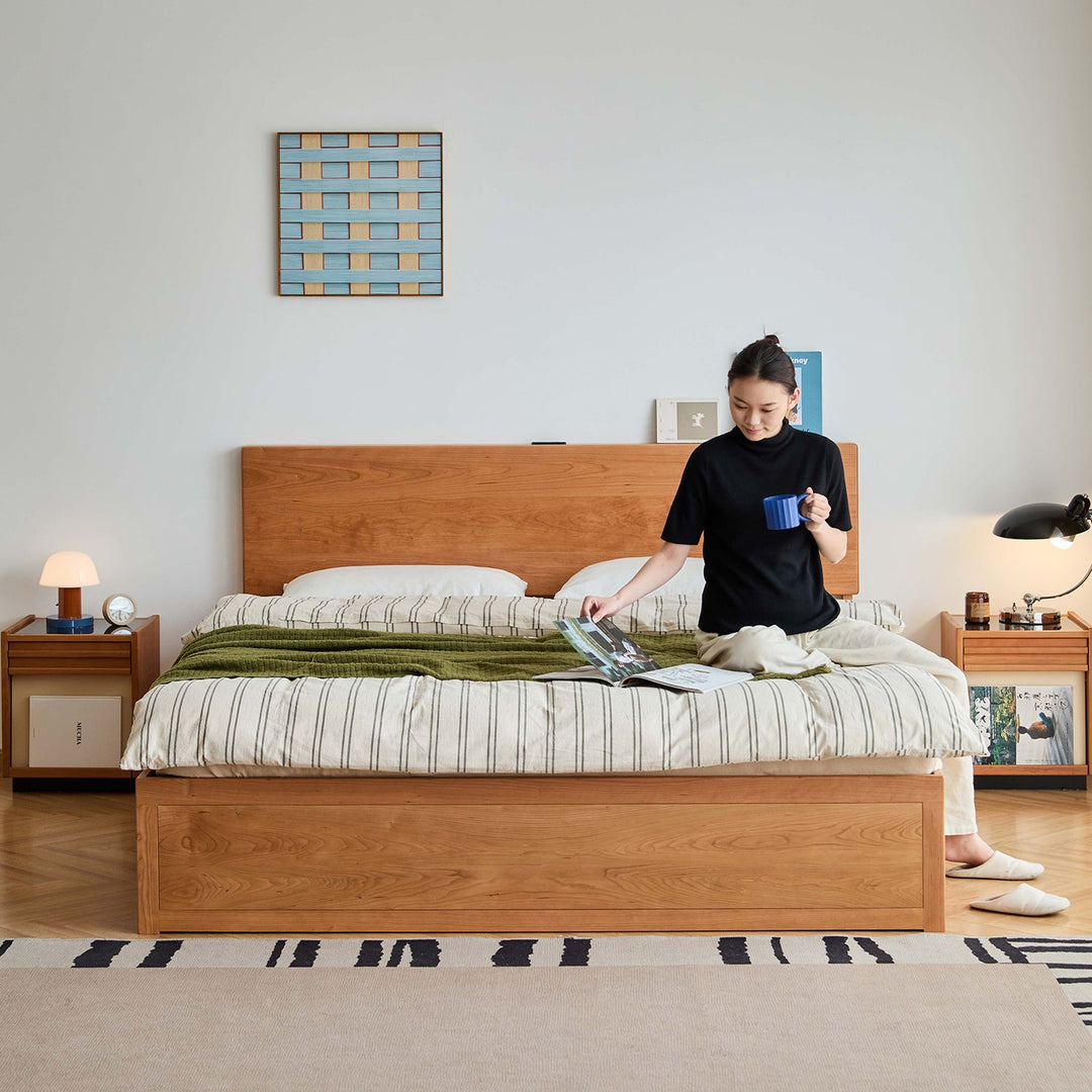 Scandinavian Cherry Wood Lift-Up Storage Bed With Drawer KANGAROO