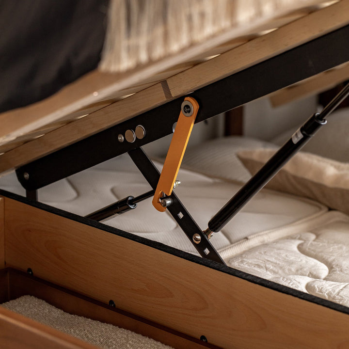 Vintage walnut wood lift-up storage bed with drawer kangaroo in real life style.