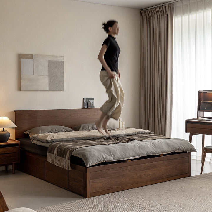 Vintage walnut wood lift-up storage bed with drawer kangaroo in details.