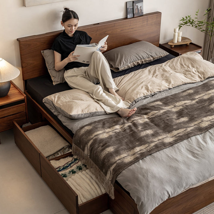Vintage walnut wood lift-up storage bed with drawer kangaroo in panoramic view.