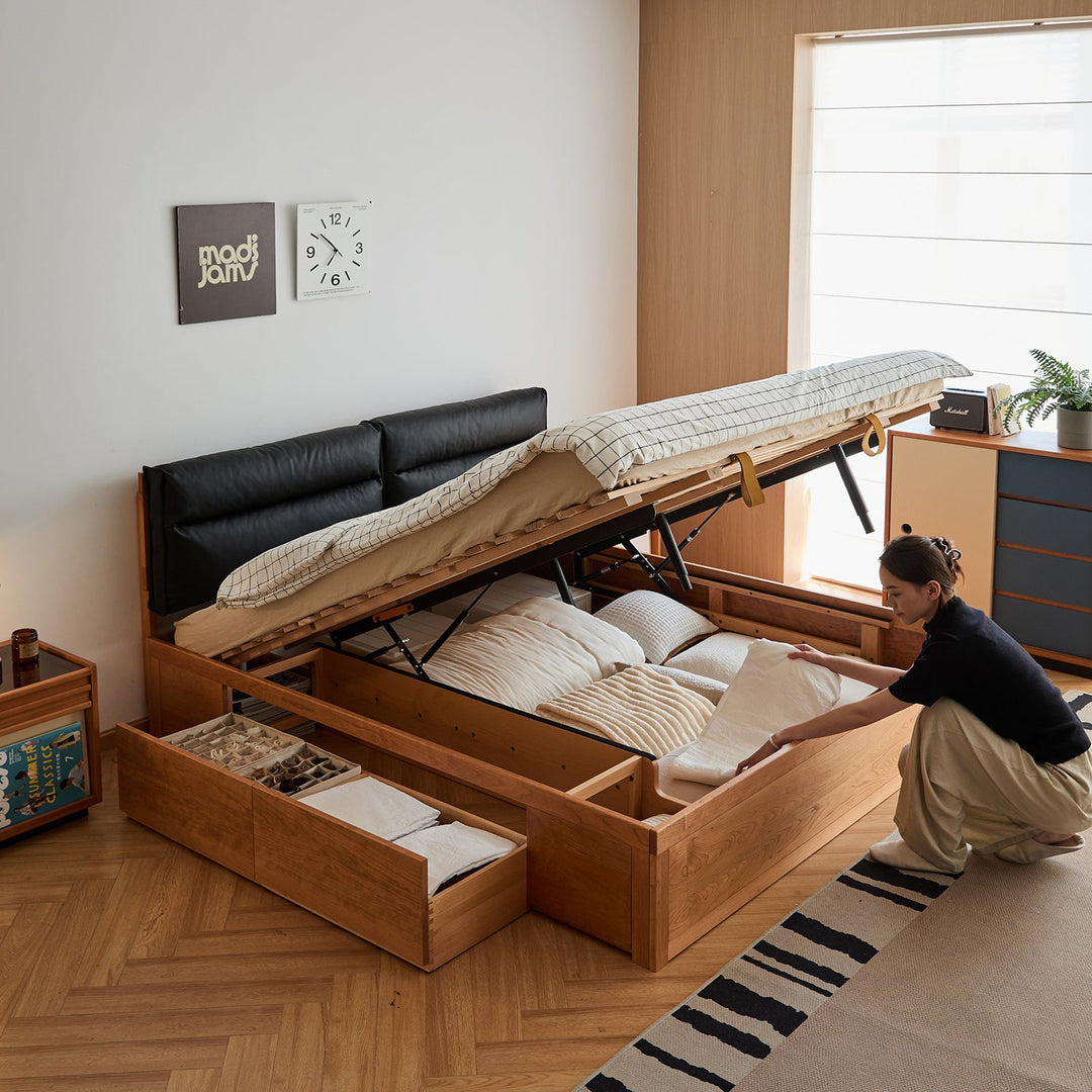 Scandinavian Cherry Wood Cushion Lift-Up Storage Bed With Drawer KANGAROO