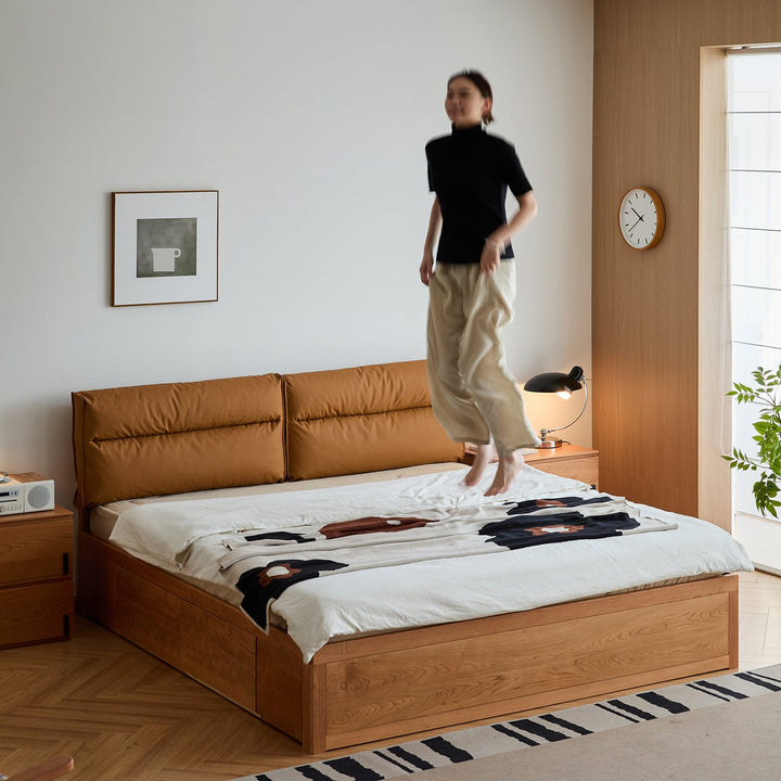Scandinavian Cherry Wood Cushion Lift-Up Storage Bed With Drawer KANGAROO