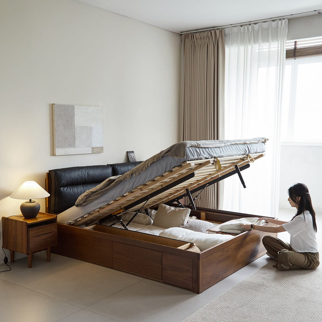 Vintage walnut wood cushion lift-up storage bed with drawer kangaroo primary product view.