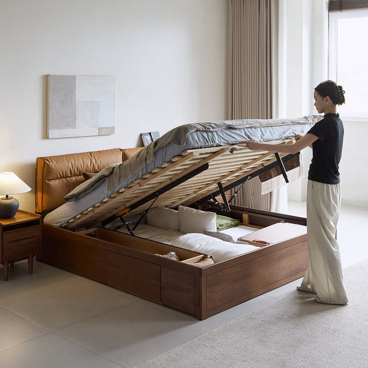 Vintage walnut wood cushion lift-up storage bed with drawer kangaroo material variants.