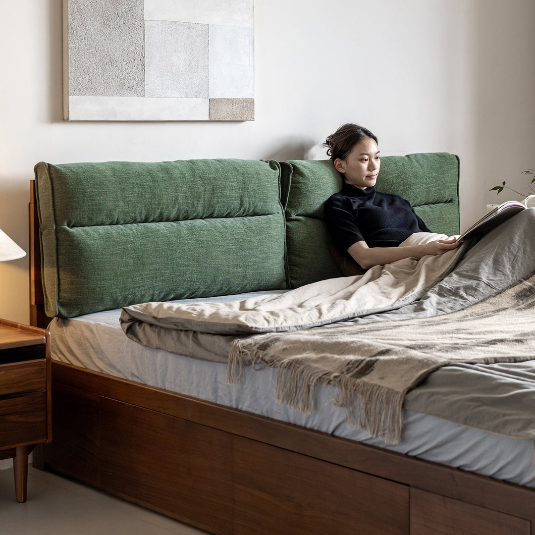 Vintage walnut wood cushion lift-up storage bed with drawer kangaroo with context.