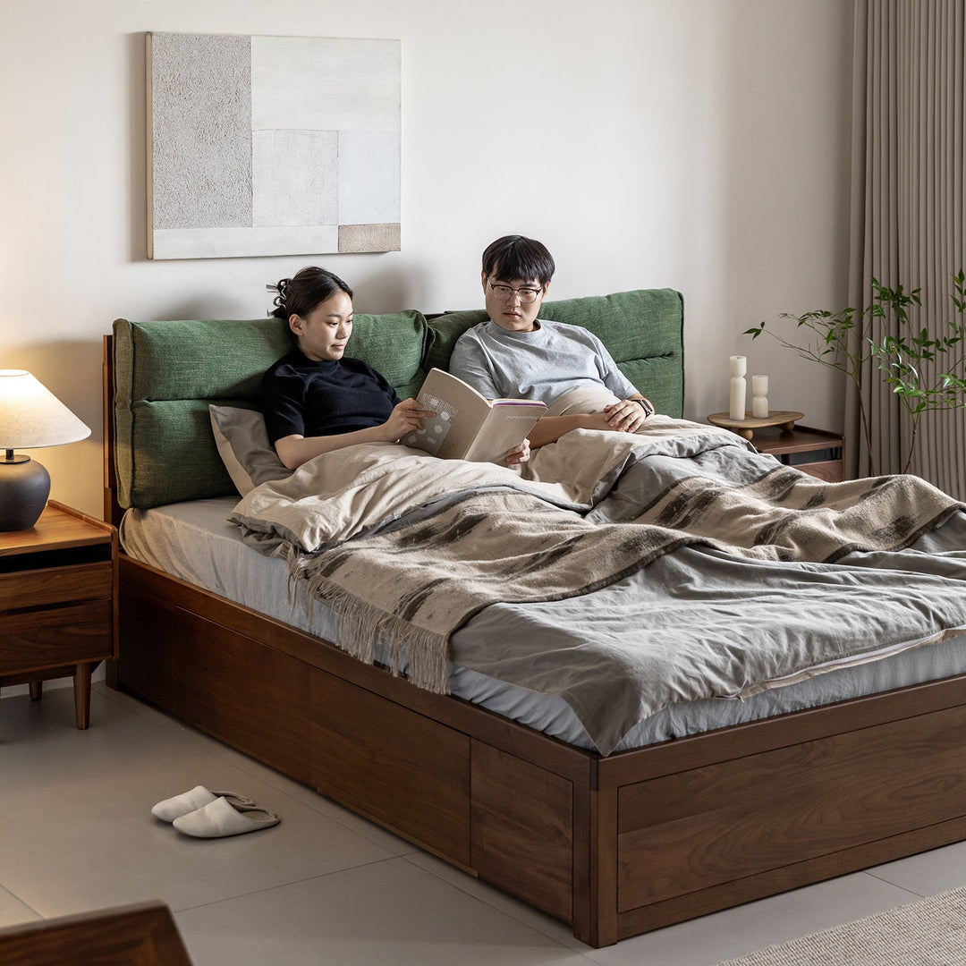 Vintage walnut wood cushion lift-up storage bed with drawer kangaroo in details.