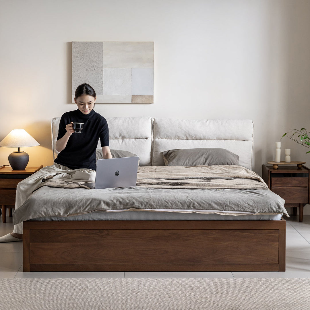 Vintage walnut wood cushion lift-up storage bed with drawer kangaroo in close up details.