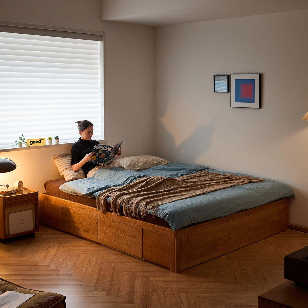 Scandinavian Cherry Wood Lift-Up Storage Platform Bed With Drawer KANGAROO