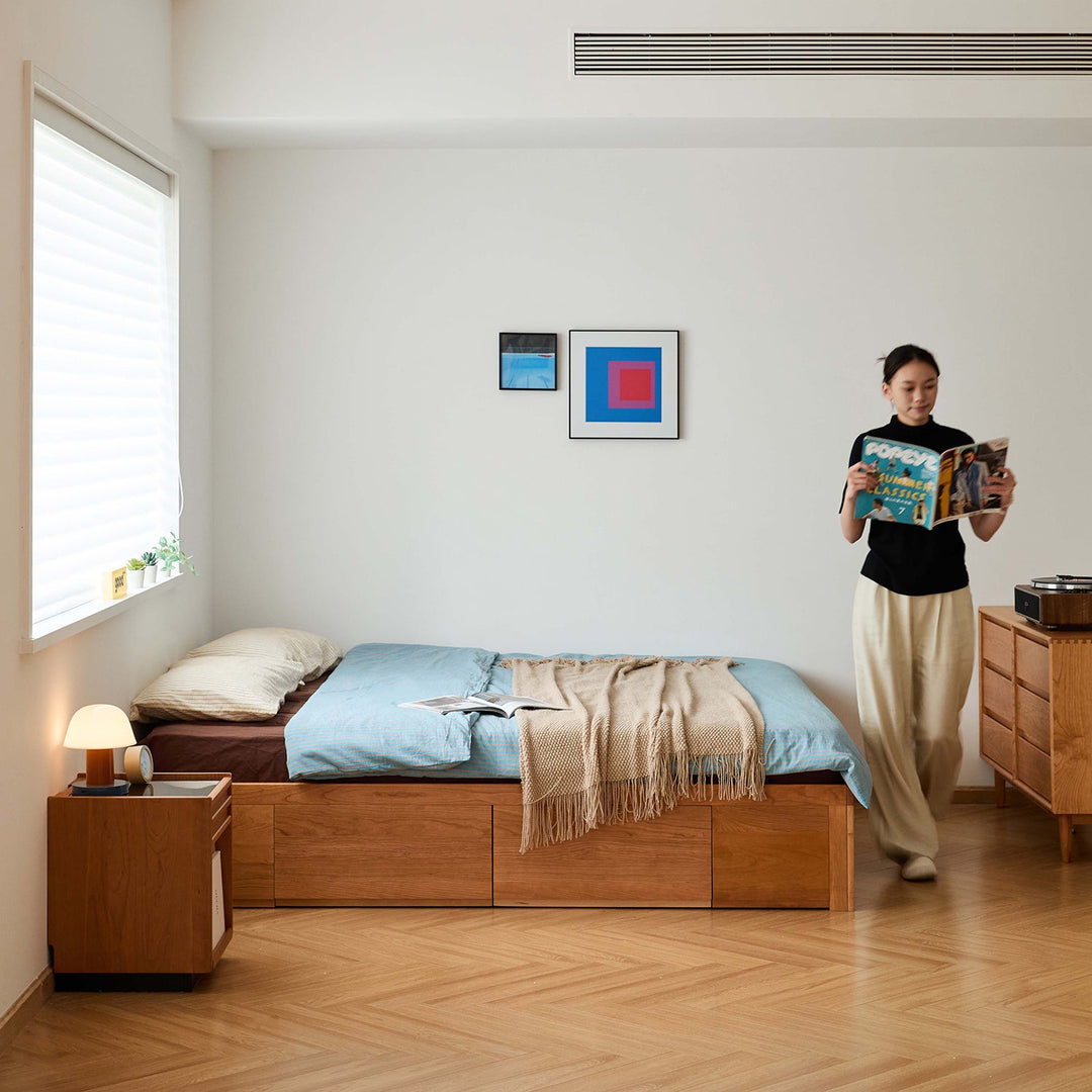 Scandinavian Cherry Wood Lift-Up Storage Platform Bed With Drawer KANGAROO