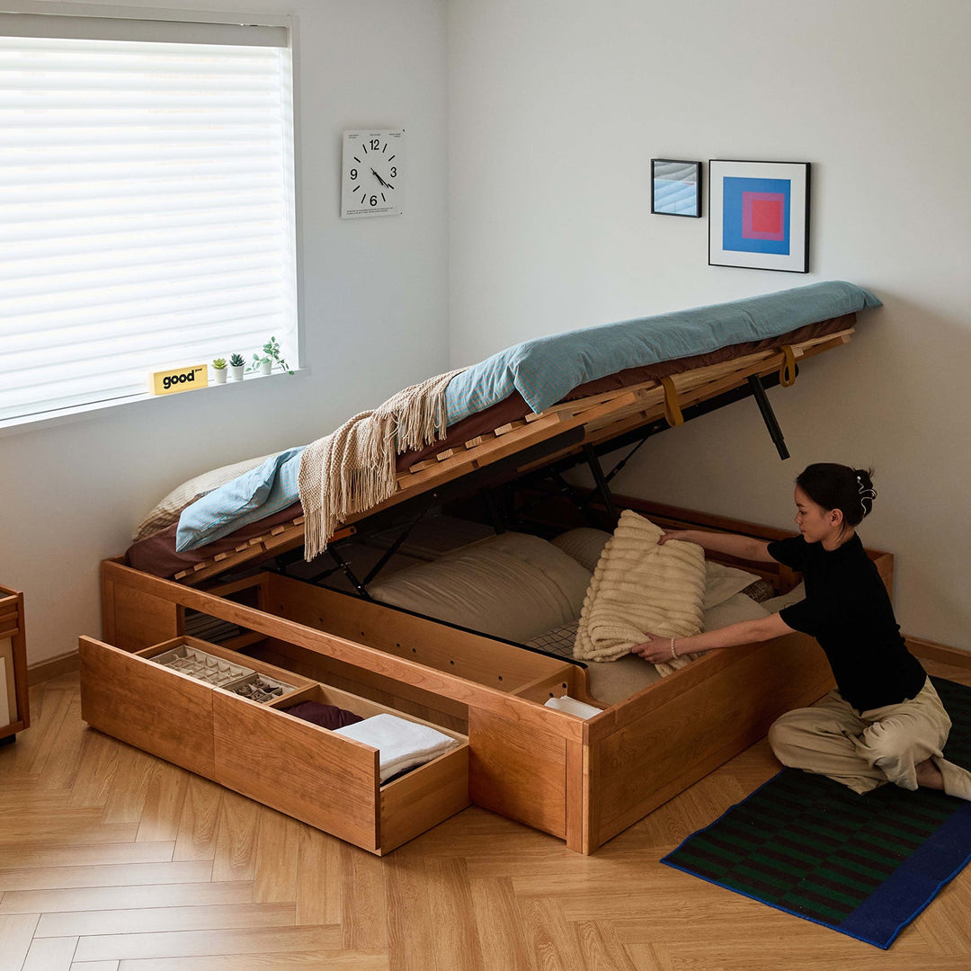 Scandinavian Cherry Wood Lift-Up Storage Platform Bed With Drawer KANGAROO