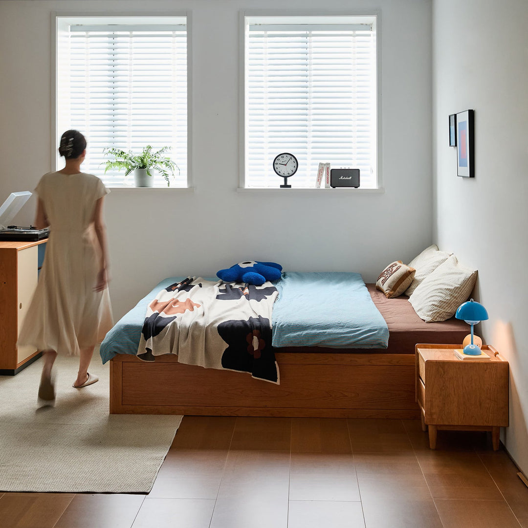 Scandinavian Cherry Wood Lift-Up Storage Platform Bed With Drawer KANGAROO