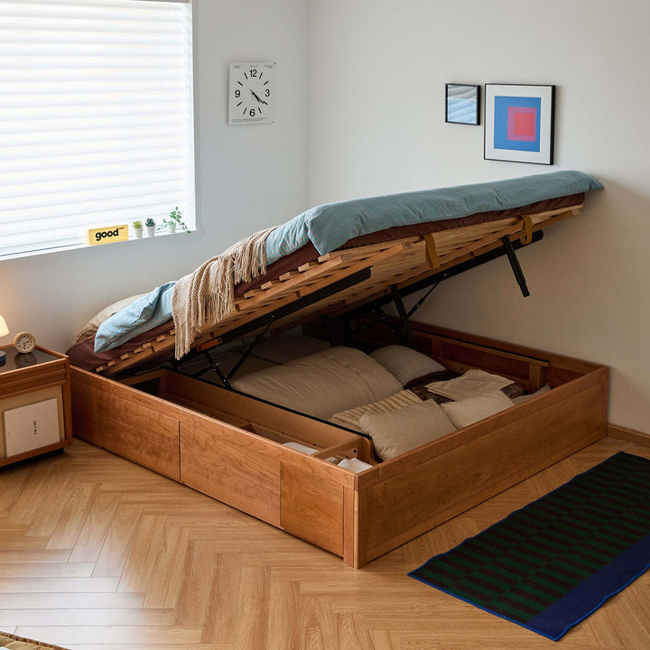 Scandinavian Cherry Wood Lift-Up Storage Platform Bed With Drawer KANGAROO