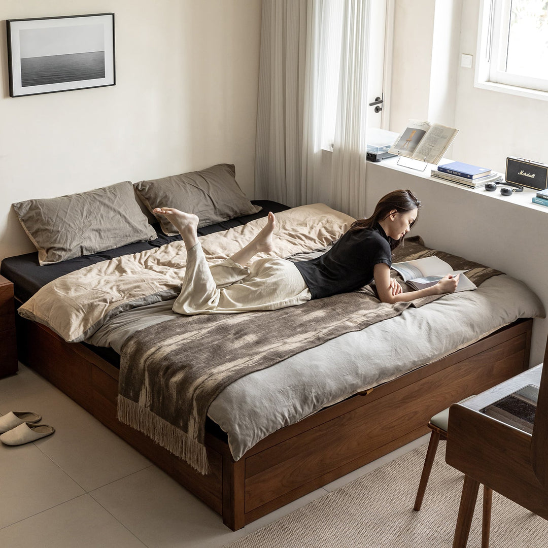 Vintage walnut wood lift-up storage platform bed with drawer kangaroo primary product view.
