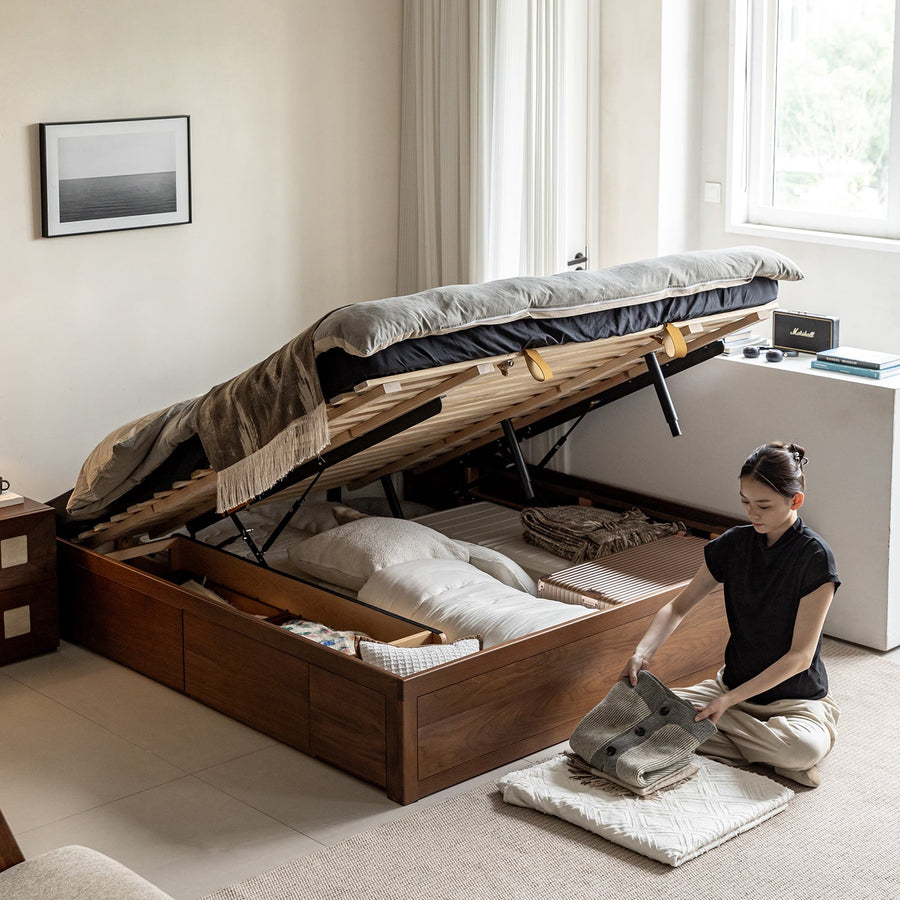 Vintage walnut wood lift-up storage platform bed with drawer kangaroo size charts.