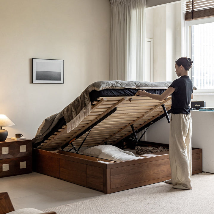 Vintage walnut wood lift-up storage platform bed with drawer kangaroo color swatches.