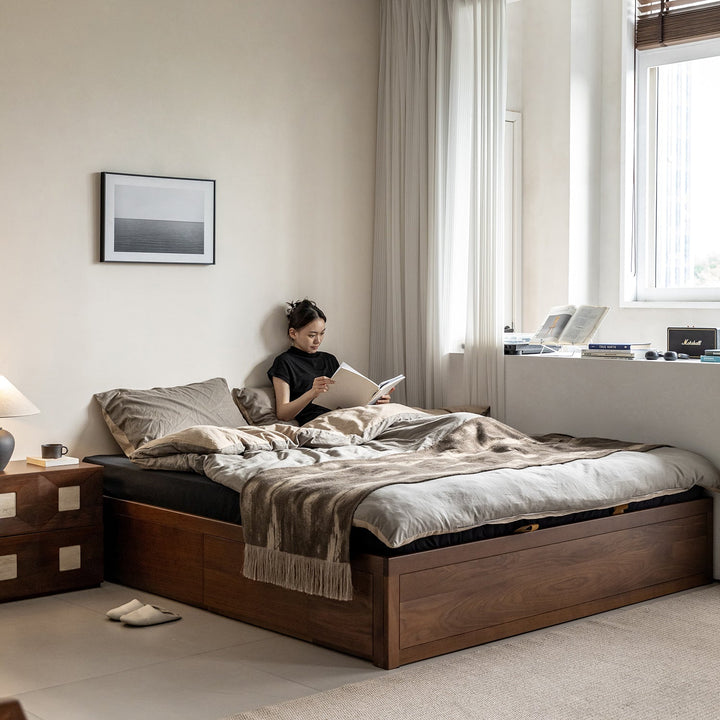 Vintage walnut wood lift-up storage platform bed with drawer kangaroo material variants.