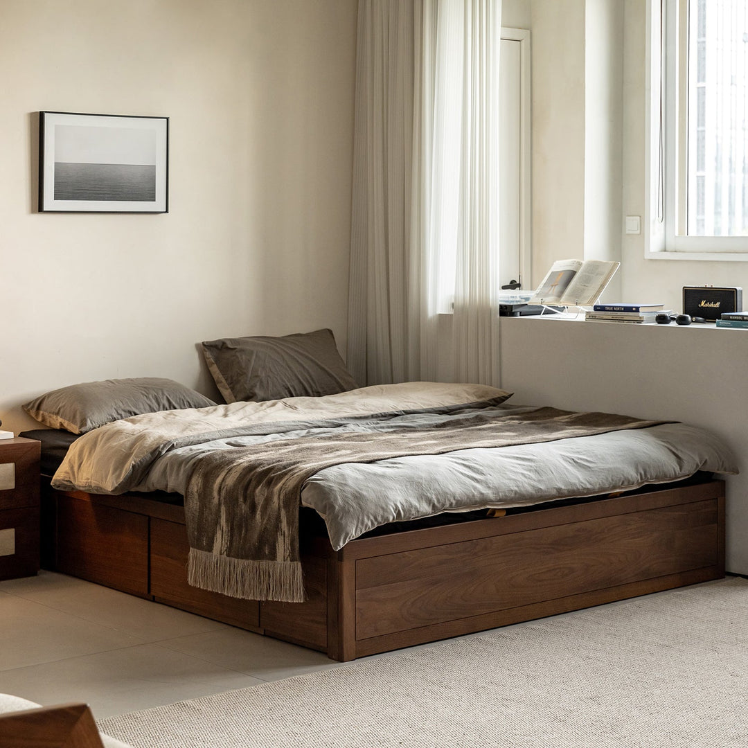 Vintage walnut wood lift-up storage platform bed with drawer kangaroo with context.