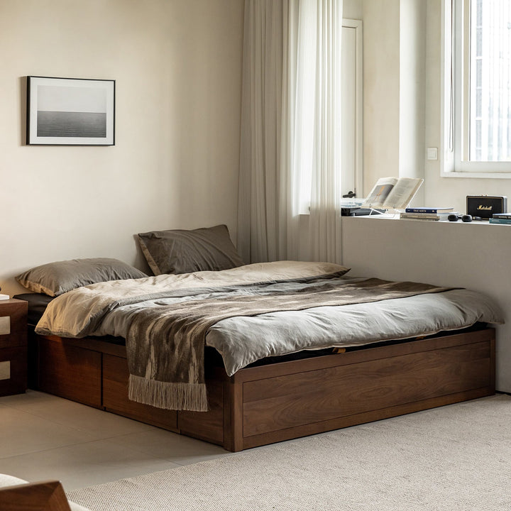 Vintage walnut wood lift-up storage platform bed with drawer kangaroo with context.