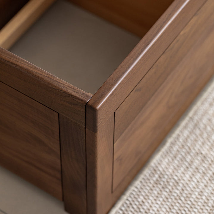 Vintage walnut wood lift-up storage platform bed with drawer kangaroo in details.