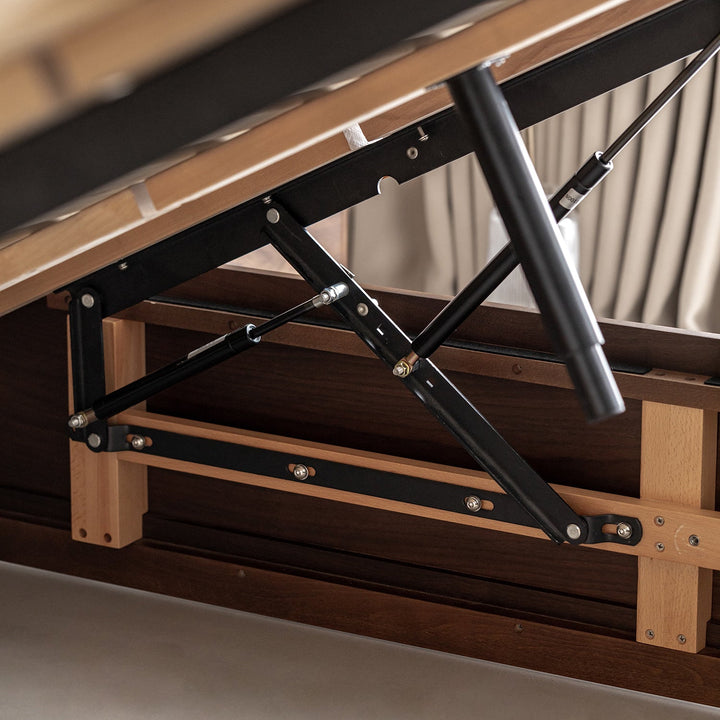 Vintage walnut wood lift-up storage platform bed with drawer kangaroo in panoramic view.