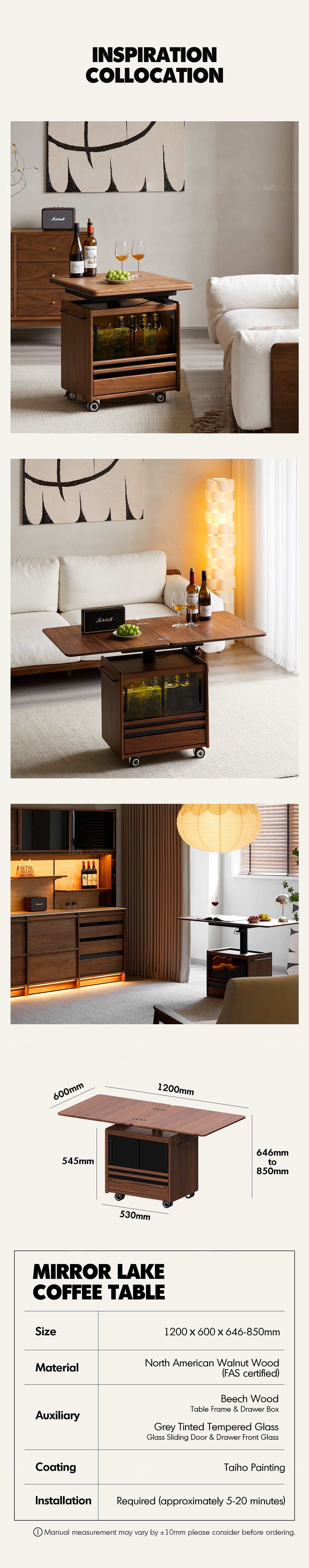 Japandi Walnut Wood Extendable Height Adjustable Coffee Table MIRROR LAKE More Details and Instruction_15