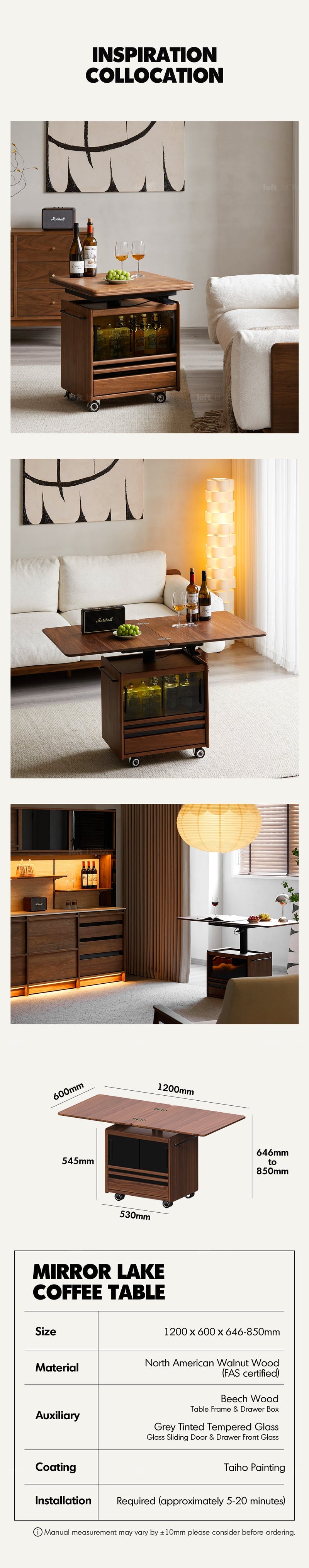 Japandi Walnut Wood Extendable Height Adjustable Coffee Table MIRROR LAKE More Details and Instruction_15